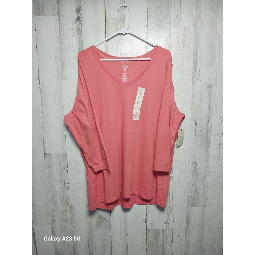 St. John's Bay Essential Tee 2X Orange V Neck 3/4 Sleeve NWT